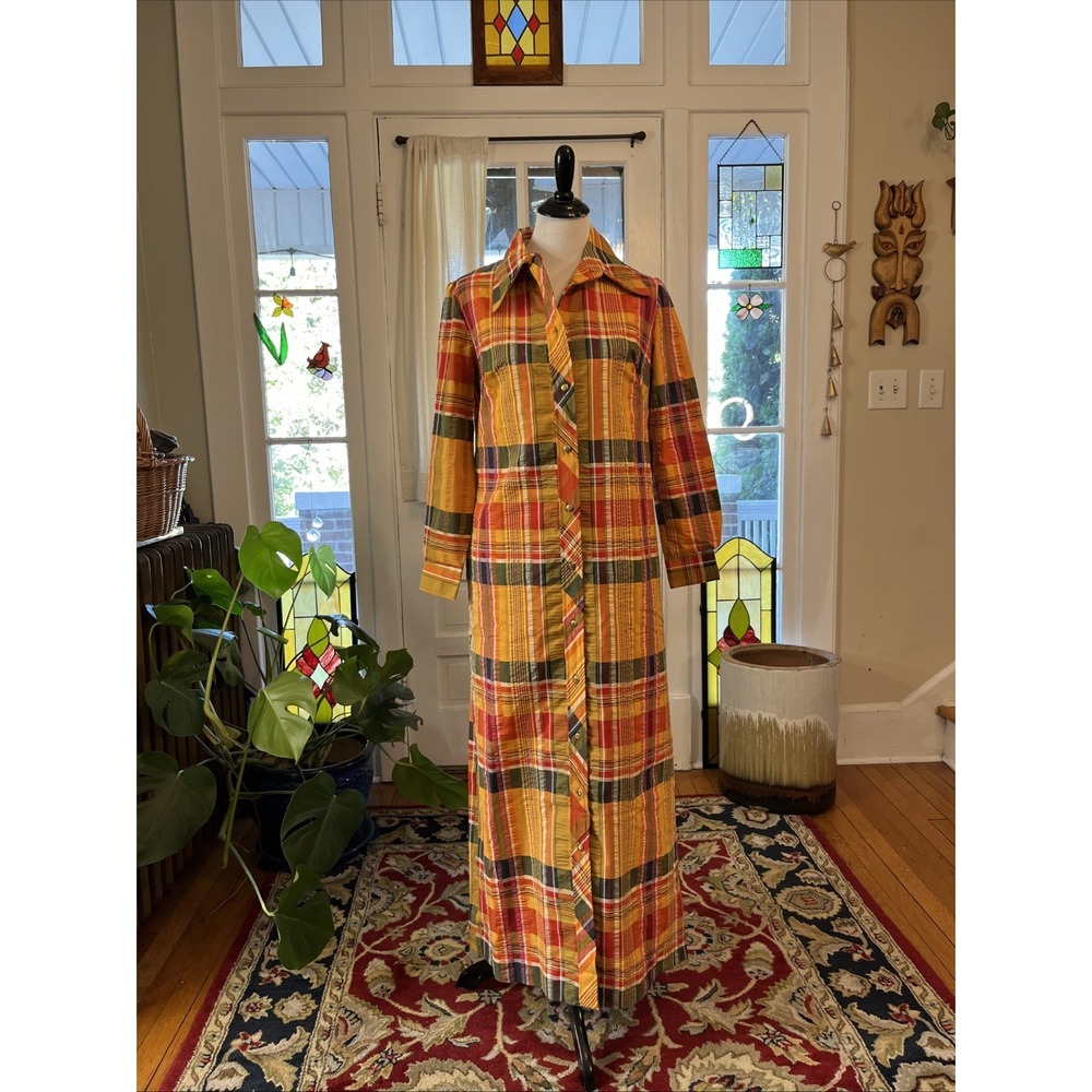 Vintage 1970s Lady Bayard Plaid Shirt Dress M/L 14 Maximalist USA Retro Brady